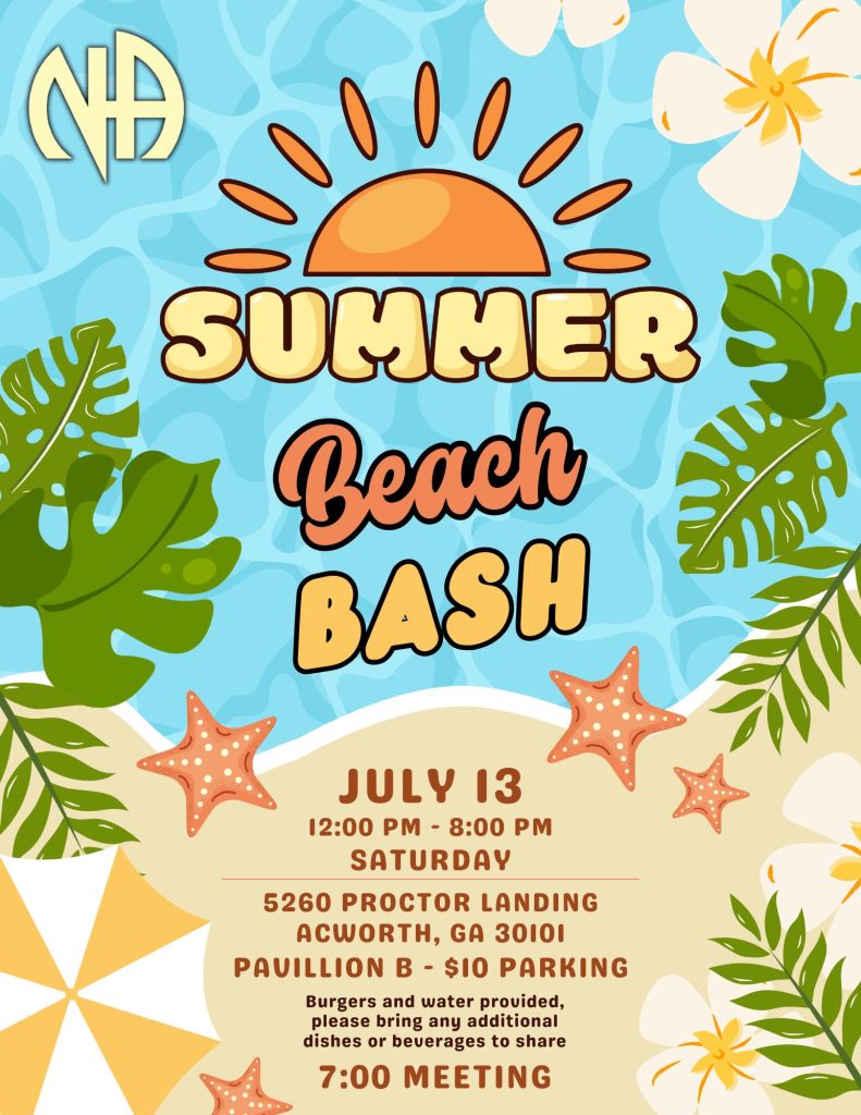 Summer Beach Bash; Saturday, July 13, 2024; 12:00 PM - 8:00 PM; 5260 Proctor Landing, Acworth, GA 30101; Pavillion B; $10 Parking; Burgers and water provided, please bring any additional dishes or beverages to share;7:00 Meeting